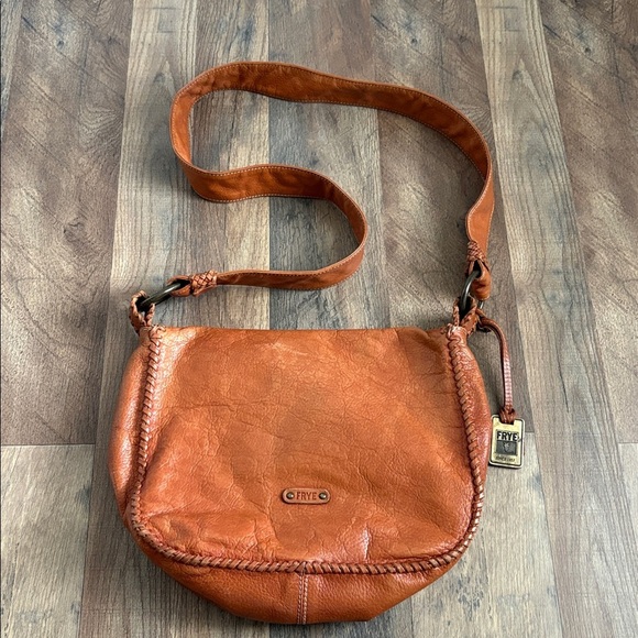 FRYE Cognac Leather Crossbody Saddle Bag Braided Boho Chic Western Inspired - Picture 2 of 16